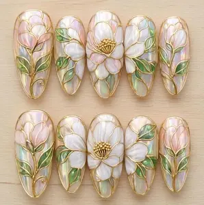 Handmade Floral Stained Glass Press On Nails, Elegant Bridal Almond Tips