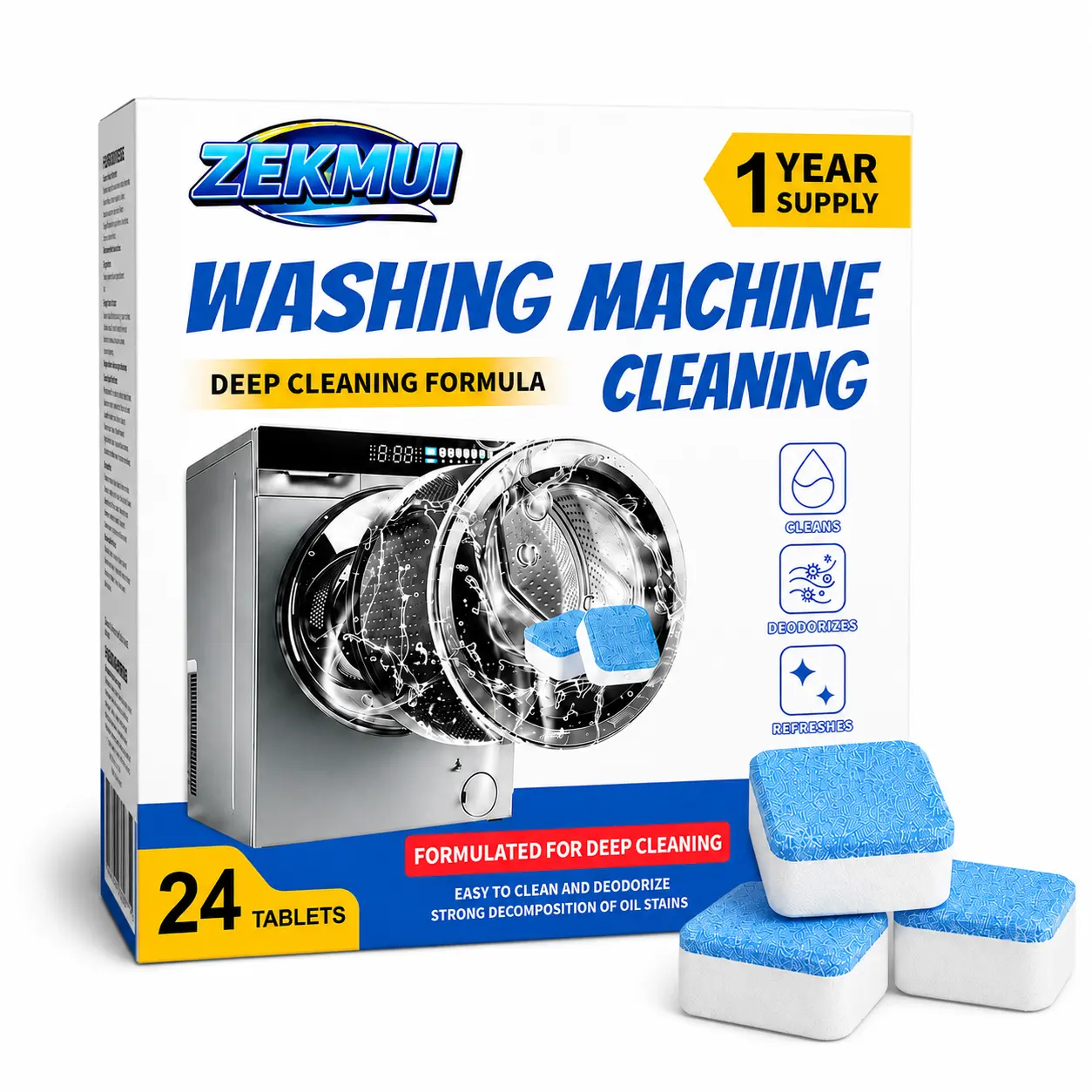 ZEKMUI Washing Machine Cleaner Descaler 24 Pack - Deep Cleaning Tablets For HE Front Loader & Top Load Washer, Septic Safe Eco-Friendly Deodorizer, Clean Inside Drum And Laundry Tub Seal - 12 Month Supply Multifunction Strong Deodorization，Summervibes