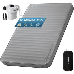 KingCamp Premium Double Self Inflating Sleeping Pad with Air Pump, 7.5 R-Value Air & Foam Camping Mattress 2 Person, 3" Thick Full Size Double Insulated Sleeping Pad for Car Camp Tent, PVC Free, Grey