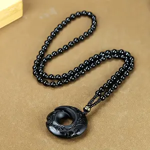 Men's Bohemian Style Obsidian Pendant Necklace - Symbol of Protection and Good Luck, Exquisite Gold Design Glass Bead Chain Jewelry, Unique Gift