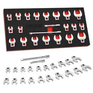 【DealsForYouDays】VEVOR Crowfoot Wrench Set, 3/8" Drive, 22-Piece Metric and SAE Size Crows Foot Wrenches, Cr-Mo Alloy Steel, with Storage Tray, Dual Size Markings on Tools and Tray, for Auto Maintenance or Repairs