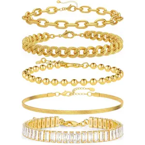 Gold Bracelets Set for Women,Chunky Chain Jewelry Sets,Trendy Stackable Cuban Link Snake Beads Paperclip Tennis Chain Pack Bracelet Stack Accessories Jewelry Gift Waterproof-USA