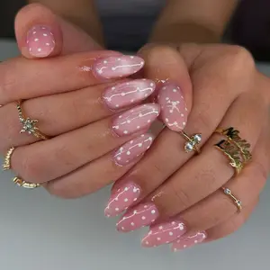 24pcs Milk Mist Polka Dot Almond Nails, Gentle Transparent Removable Nail Stickers, Reusable No Glue Gel, Perfect for Dating, Handmade Reusable Nails