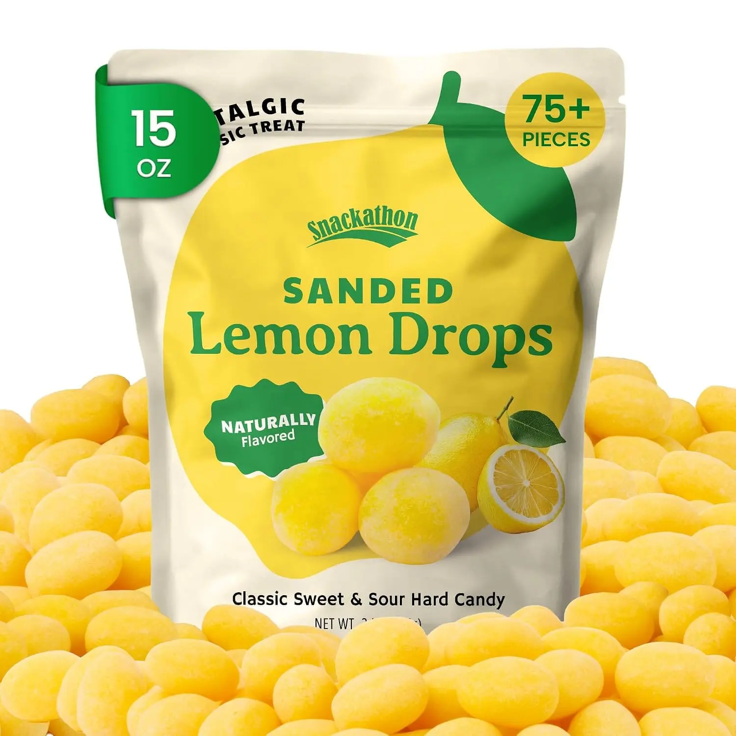 Snackathon Sanded Lemon Drops Hard Candy, Old Fashioned Sweet & Sour Lemon Candy, Naturally Flavored, Sugar-Dusted Retro Treat in a Resealable Bag