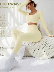 Solid Slim Fit Sportswear Set Workout Women's Beige Long Sleeve Capris Leggings for Yoga & Studio Summer