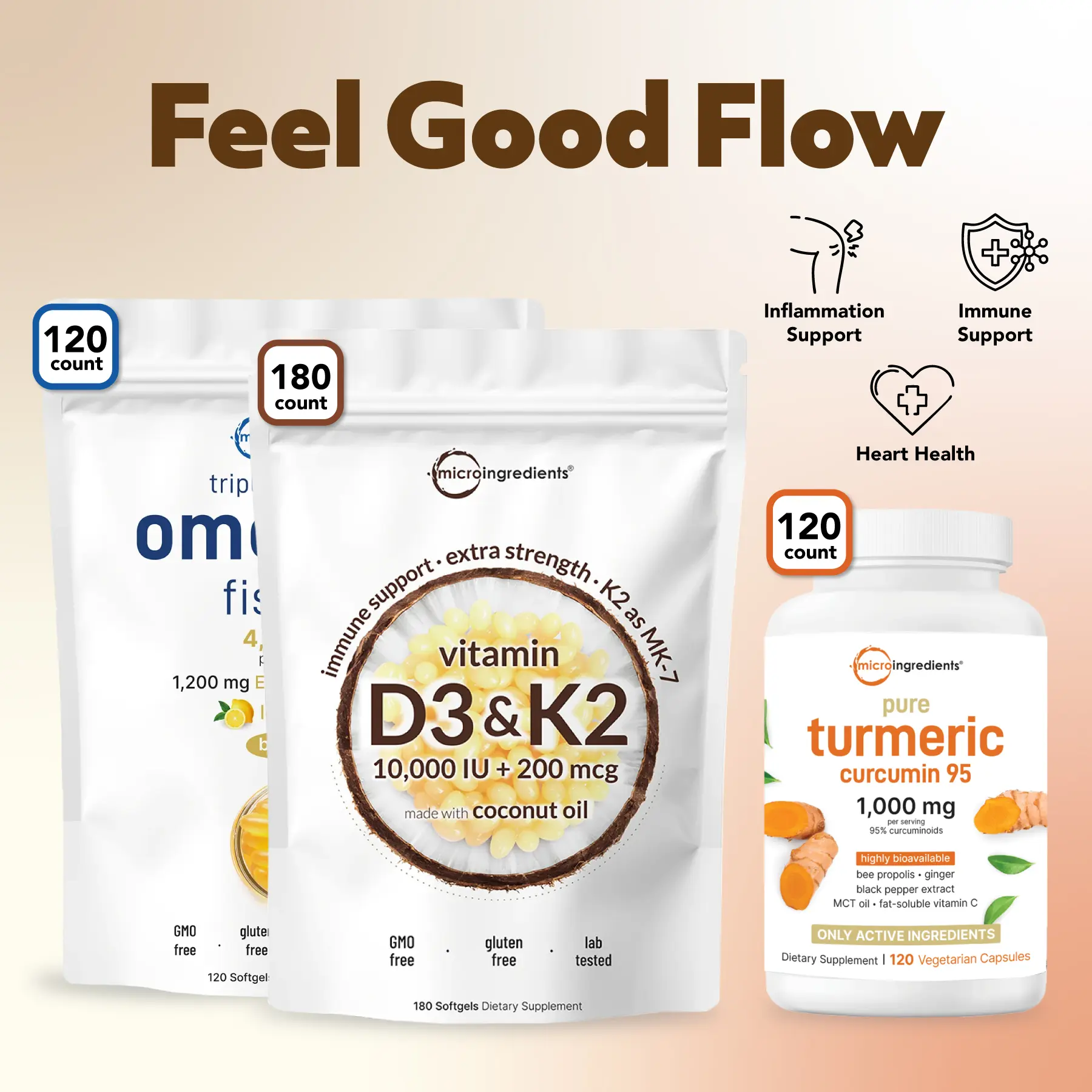 Micro Ingredients Feel-Good Flow Bundle: Omega 3 Fish Oil 120 softgels, Turmeric 120 Veggie Capsules & Vitamin D3 K2 10000IU 180 Softgels