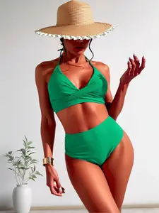Sexy Emerald Green Ribbed Bikini - Halter High-Waisted Slim-Fitting, Luxury Beach Vacation Swimwear