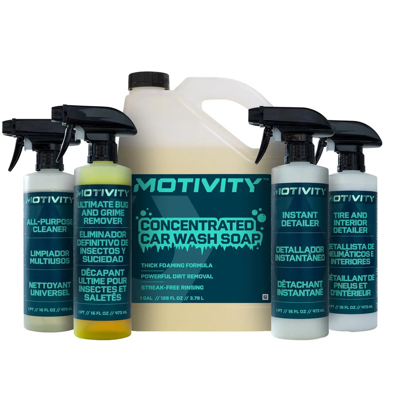 MOTIVITY Vehicle Refresh Kit - Includes Tire & Interior Detailer, Instant Detailer, Ultimate Bug & Grime Remover, and All-Purpose Cleaner Sprays, Concentrated Car Wash Soap