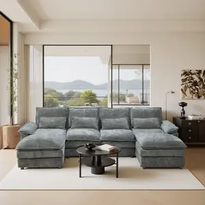 110" Modular U-Shaped Chenille Upholstered Cloud Couch, Double Chaise Lounge Sectional Sofa with Memory Foam and Waist Pillows, Couches for Living Room