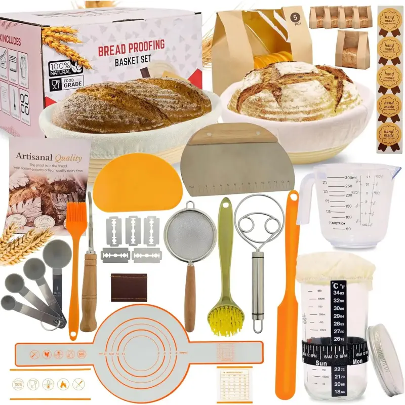 Beginner Sourdough Starter Baking Set, Multi-Size Stainless Steel Home Baking Supplies with 9" Round & 10" Oval Synthetic Banneton Proofing Baskets, Glass Jar, Measuring Cup, Whisks, Scrapers, Lame – Ideal Proofing Tool for Adults & Any Occasion