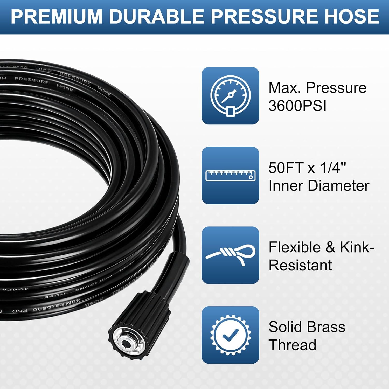 50FT High Pressure Washer Extension Hose 1/4" inch Fittings Kink Resistant Power Washer Replacement Hose