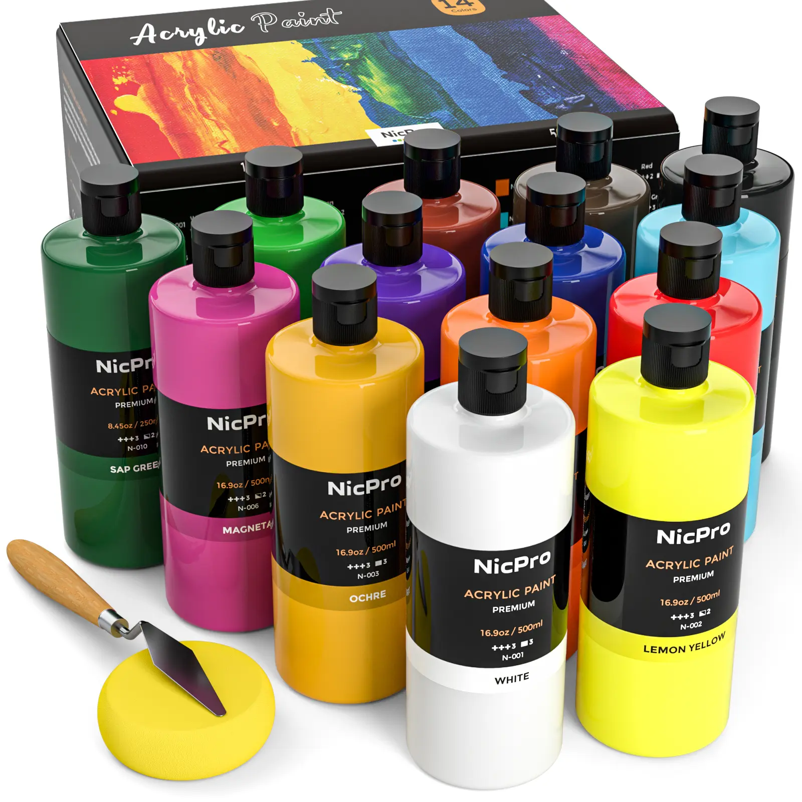 Nicpro 14-Color Large Bulk 500ml (16.9 oz) Acrylic Paint Set - Ample Paint, Rich Palette, Non-Toxic Art Supplies, Crafting Supplies, Color Wheel for Adult Artists' Ceramic, Canvas Projects, All Seasons Painting & Sketchbook Ideas
