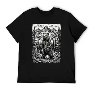 Cool Vintage Woodcut Grizzly Bear T-Shirt Retro Mountain Forest Linocut Graphic Tee Rustic Camping Hiking Gifts for Men Dad Husband Him