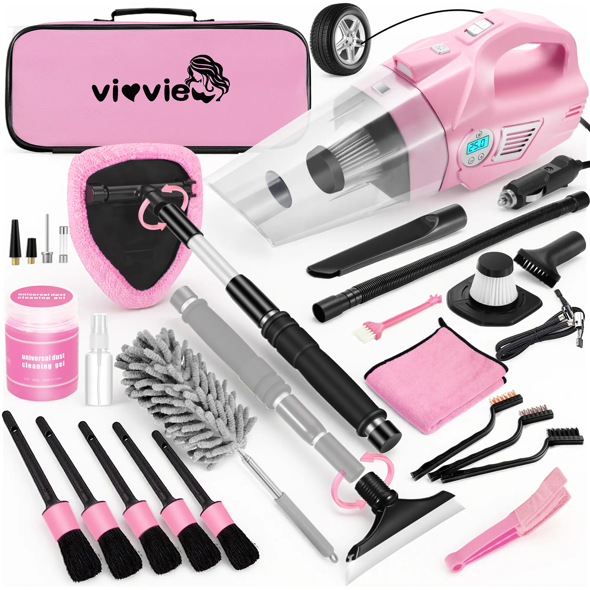 Pink Car Cleaning Kit Multipack (25Pcs) - 4-in-1 Power Handheld Vacuum Cleaner, Detailing Brushes, 2-in-1 Windshield Cleaner with 180° Glass Contact, Car Interior Care Cleaning Tools, Gift for Sisters Best Friends, Car Accessories