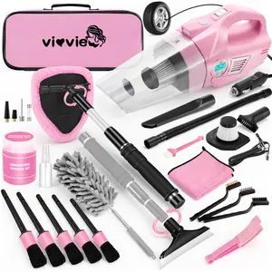 Vioview Pink Car Cleaning Kit, 21PCS Car Detailing Kit Interior Cleaner with 4-in-1 Handheld Car Vacuum Cleaner, Detailing Brush Set, Side Mirror Squeegee, Car Accessories for Cleaning, Gift for Women