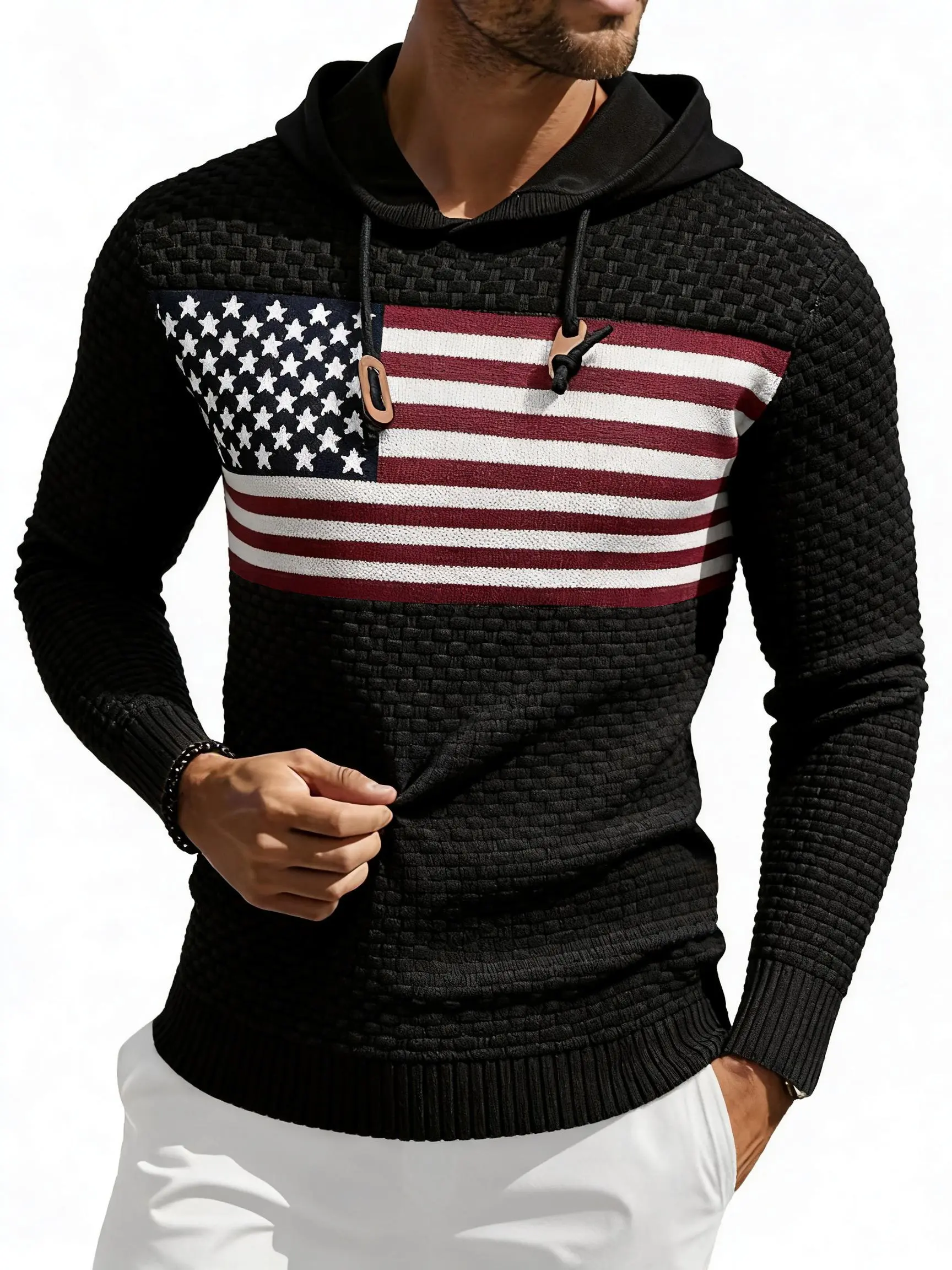 Men's Fitted Casual Polyester Knitting Hooded Pullover Top - American Flag Colorblock Waffle-Knit, Drawstring, Ribbed Cuffs, Patriotic Mensfashion, Fabric, Sleeves