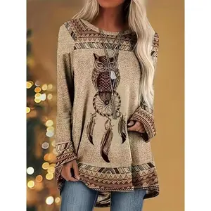 Vintage-Inspired Owl Print Raglan Sleeve Tunic - Soft, Relaxed Fit, Crew Neck, Long Sleeve, Women's Boho Chic Clothing for Casual Daily Wear