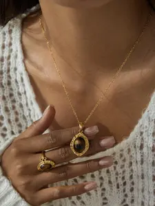 Ladies Fashion Necklace Oval Tiger s Eye Hammer Patterned Pendant Stainless Steel 18k Gold Plated Waterproof And Anti Allergy Retro Minimalist Baroque Style Banquet Jewelry Gift
