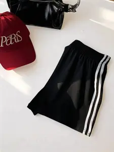 Women's Loose-Fitting Casual Summer Streetwear Sports Shorts, Comfortable Stretchy Waistband with Side Stripes, Fashionable Sporty Bottoms for Everyday Wear, Athleisure Shorts