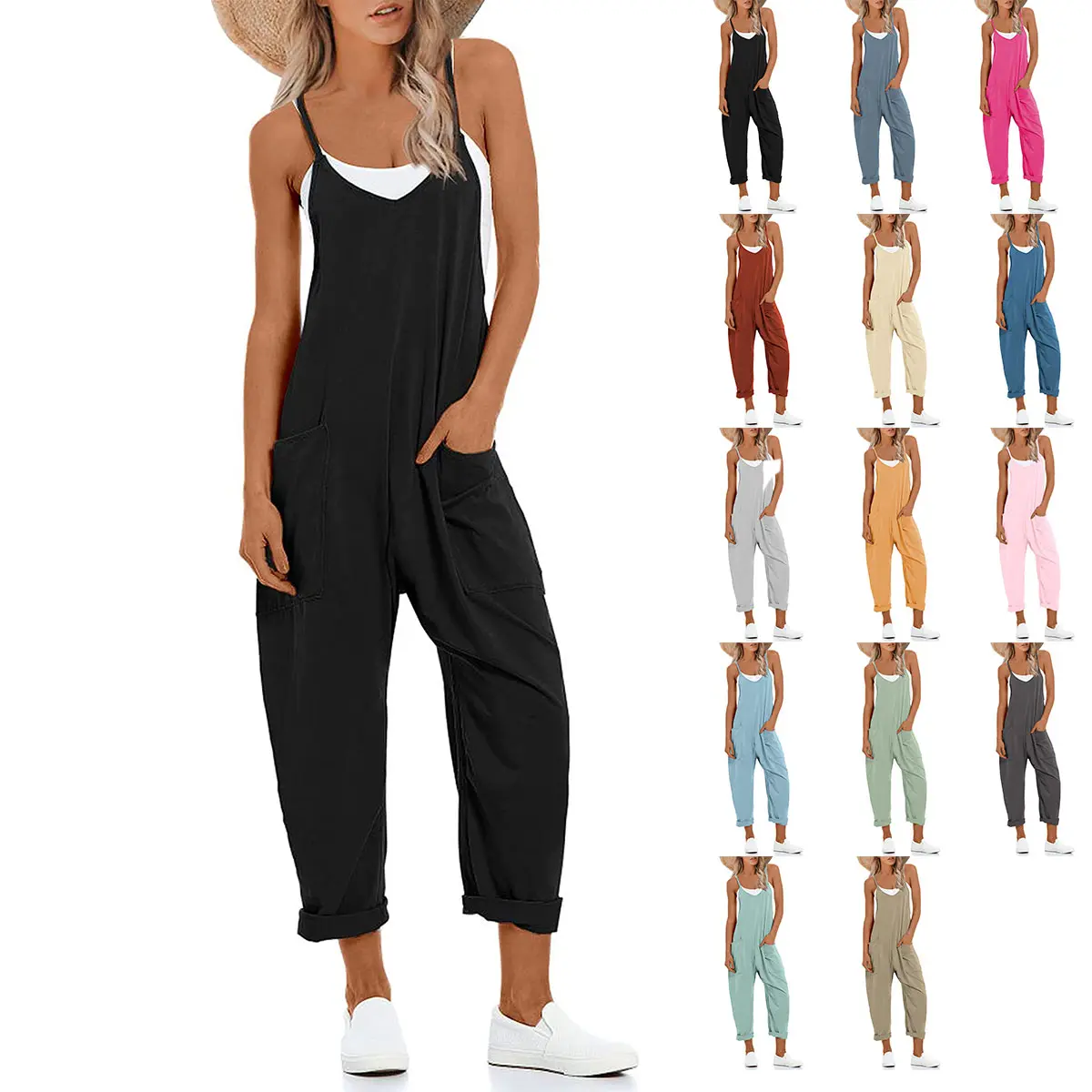 Ommig Women's Causal Jumpsuits V Neck Sleeveless Harem Overalls Stretchy Adjustable Strap Romper with Pockets