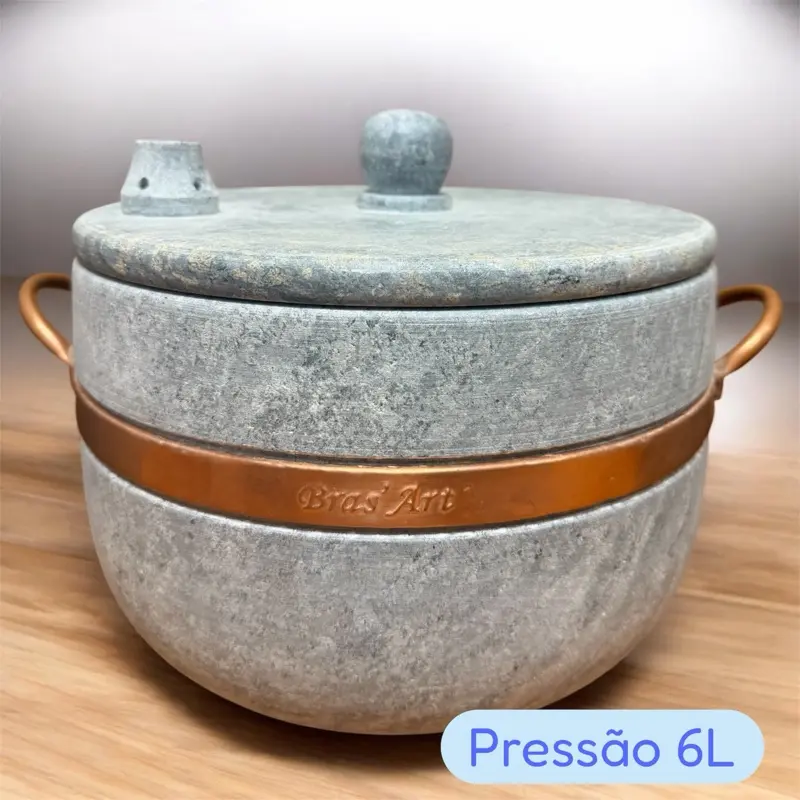 Bras Art Panela Pressão Pedra Sabão 6L - Durable Stone Cooking Pot with Copper Band for Authentic Flavor