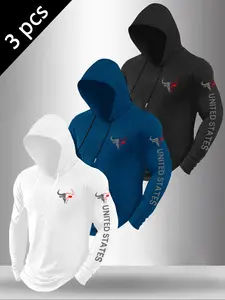Men's Bull Head Graphic Print Hooded Long Sleeve Athletic T-Shirt, Fall Winter Outdoor Casual Fitted Top, Versatile Streetwear Tee