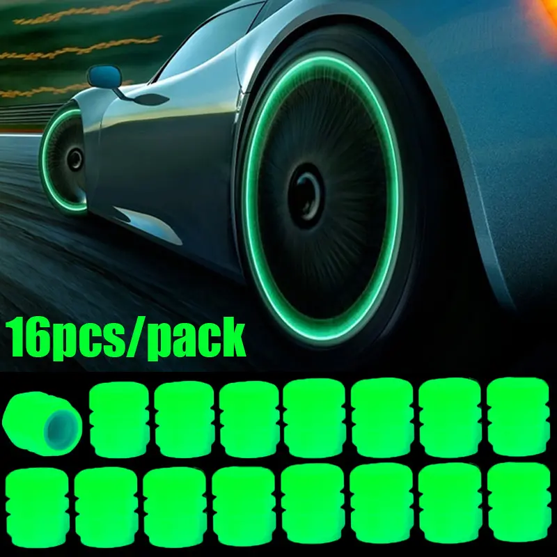 Light Glow Illumination Temporarily - Rubber Tire Valve Caps (Pack of 16)- Fluorescent, Dust-proof, Enhancing Safety & Style for Cars/Bikes