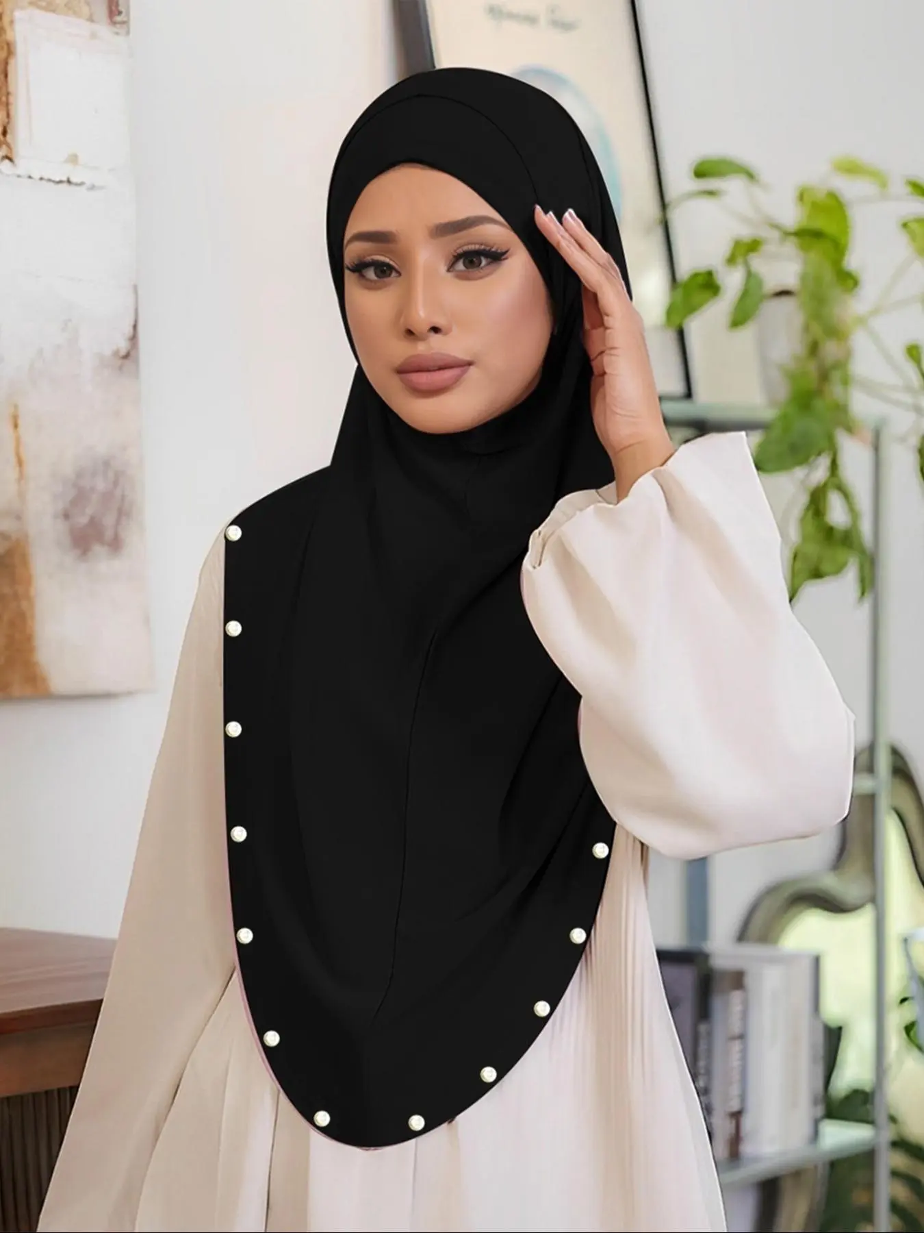 Women's Solid Color Pearl Decorated Button Hijab, Modest Casual Instant Hijab for Daily Wear, Women's Islamic Clothing for All Seasons, For Muslim, Modesty, Black