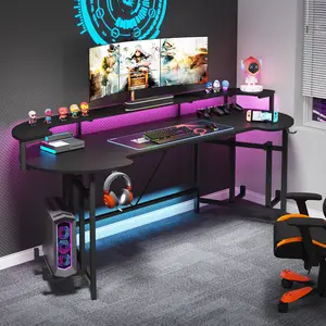 LITTLE TREE 75 Inch Gaming Desk with Monitor Shelf, Large PC Computer Desk with LED Lights, Gaming Table Gamer Desk for Bedroom, Home Office