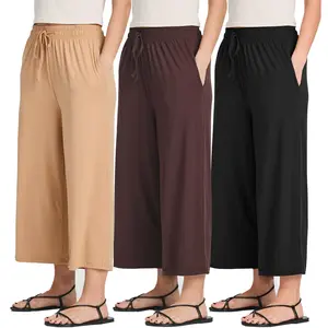 Real Essentials 3 Pack: Women's Ultra-Soft Wide Leg Loose Capri Open Bottom Pants - Yoga Lounge Pockets(Available in Plus)