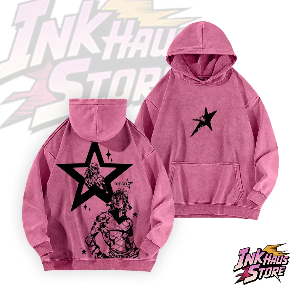 * Diego Brando *acid wash hoodie from *JoJo's Bizarre Adventure: Steel Ball Run*, with a large black star background, in a style reminiscent of Y2K streetwear or acid-washed vintage aesthetics- Long Sleeve Cotton Unisex Vintage Hoodie