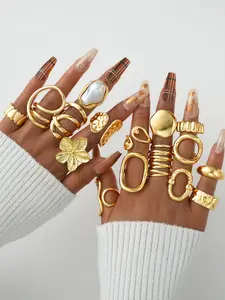 16-Piece Exaggerated French Irregular Flower Imitation Pearl Geometric Joint Ring Set, Unique Rings, Women's Fashion Jewelry Gift for Party Birthday, Statement Rings