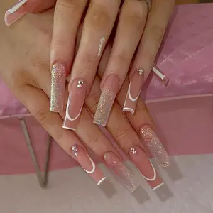 Long Brown Glitter Press On Nails 24PCS Rhinestone French Tip Coffin Fake Nails, Glam Y2K Baddie Acrylic Nail Set Reusable Nude Pink Gradient Nails for Party & Night Out press-on kit