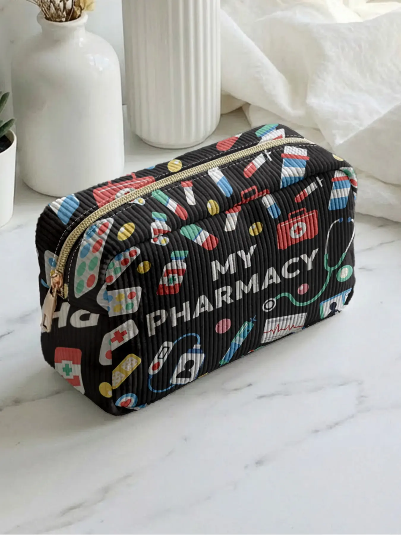 1 piece of medical element「MY PHARMACY」 2D printed makeup bag, Makeup Pouch, Vintage Vanity Bag, large capacity design|suitable for all seasons/general use|can hold daily skincare products and various cosmetics|lifestyle travel all-rounder