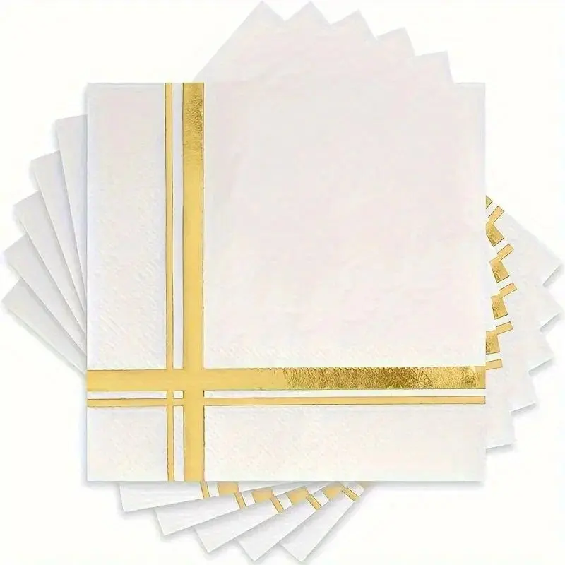 White and Gold Napkins –Set of 20/40 Disposable Cocktail and Dessert Napkins with Gold Trim, Perfect for Wedding Parties and Events, Party Supplies, Festival Party Tableware