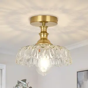 Semi Flush Mount Ceiling Light，Hallway Light Fixture with Clear Ruffled Glass, Close to Ceiling Light for Entryway Porch Kitchen Bedroom Bathroom，E26，Bulb not included