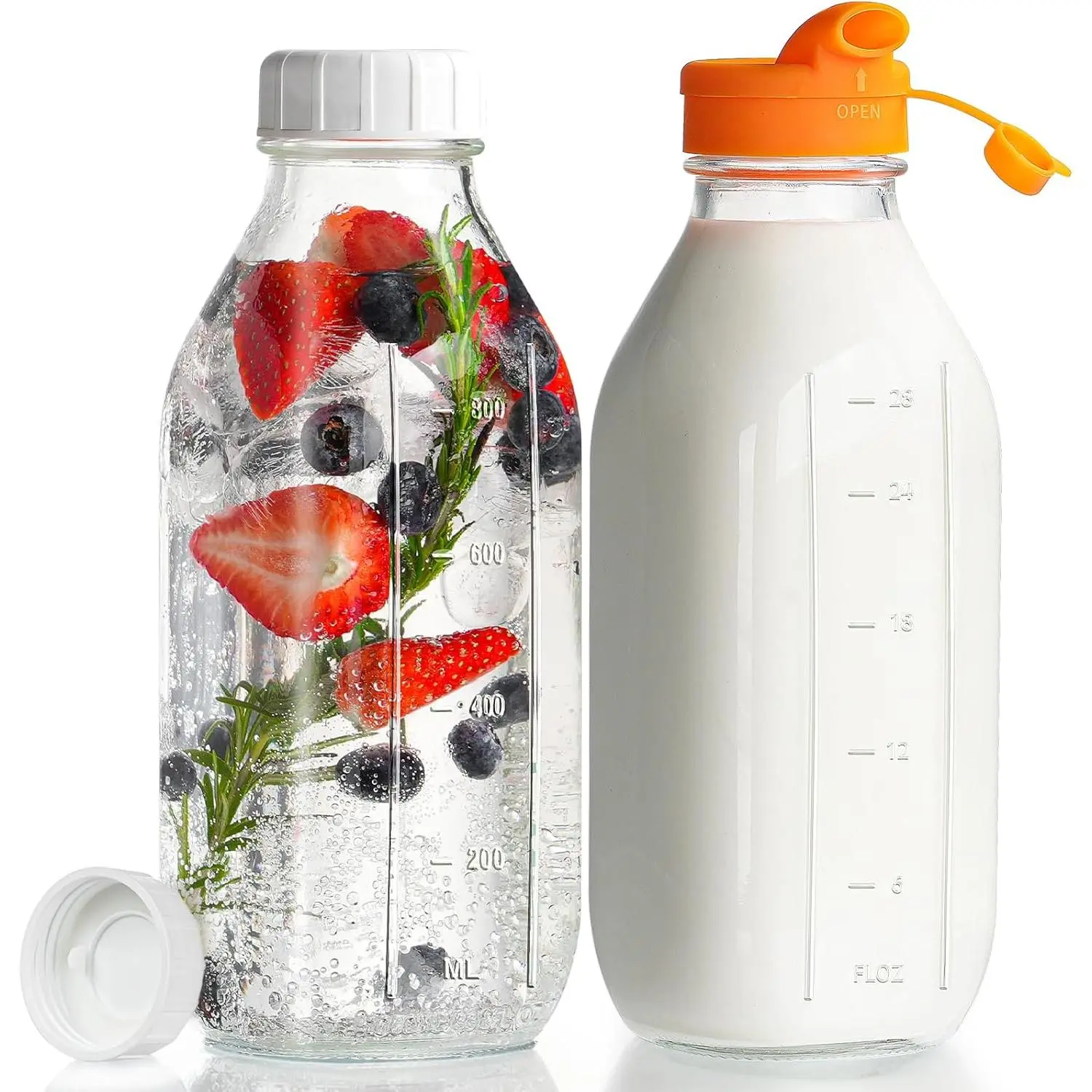 2-Pack 32 oz Kitchen Reusable Glass Milk Bottles with Silicone Dispenser Cap, Airtight Screw-Lid Canister, Leak-Proof Scaled Storage Container for Fridge Juice/Breastmilk