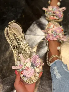Handmade Beaded Flower Sandals Women Summer Colorful Sequins Pearl Strap Flat Shoes Ethnic Style Straw Woven Vacation Beach Shoes