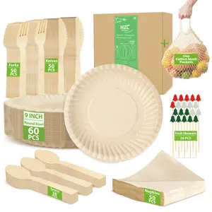 300PCS MZLBAMBOO Disposable Bamboo Tableware Set Natural Tableware, Including Bamboo Plates Bowls Forks Knives Spoons Cups Straws Fruit Sticks for Wedding Party Picnic(with Mesh Pockets)
