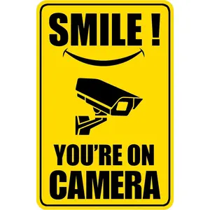 12"x8" INCH Smile You’re on Camera Signs Video Surveillance Outdoor Security Camera Metal Tin Sign Wall Decorations For Yard Or Outdoor Water Proof Print