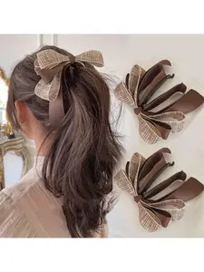 Two-pack of banana hair clips with bows, large banana clips for vertical ponytails, suitable for thick hair (khaki).