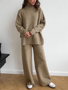 Women's 2 Pcs Solid Color Sweater Set for Autumn Winter, Long Sleeve Turtle Neck Turtleneck Drop Shoulder Pullover Sweater and Wide Leg Pants, Women's Fall Outfits, Loungewear Set Womenswear