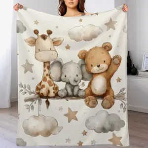 Snuggly Watercolor Safari Animal Baby Blanket - Soft Neutral Crib Throw with Giraffe, Elephant & Teddy Bear Prints for Newborn Boys & Girls, Snuggly Blankets
