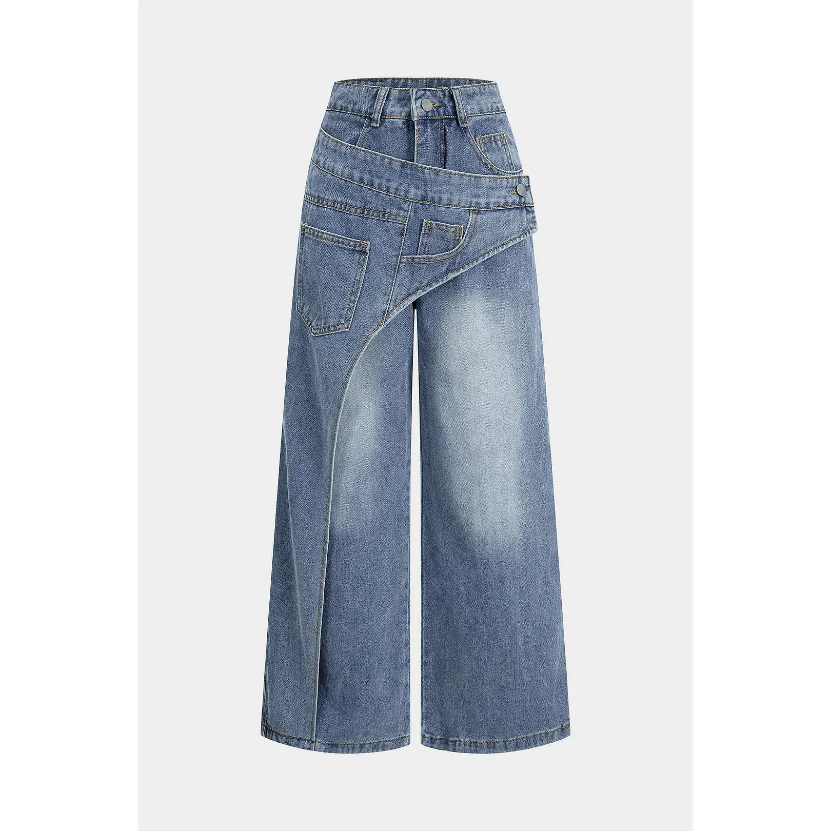 Denim Button Zipper Pocket Straight Leg Jeans