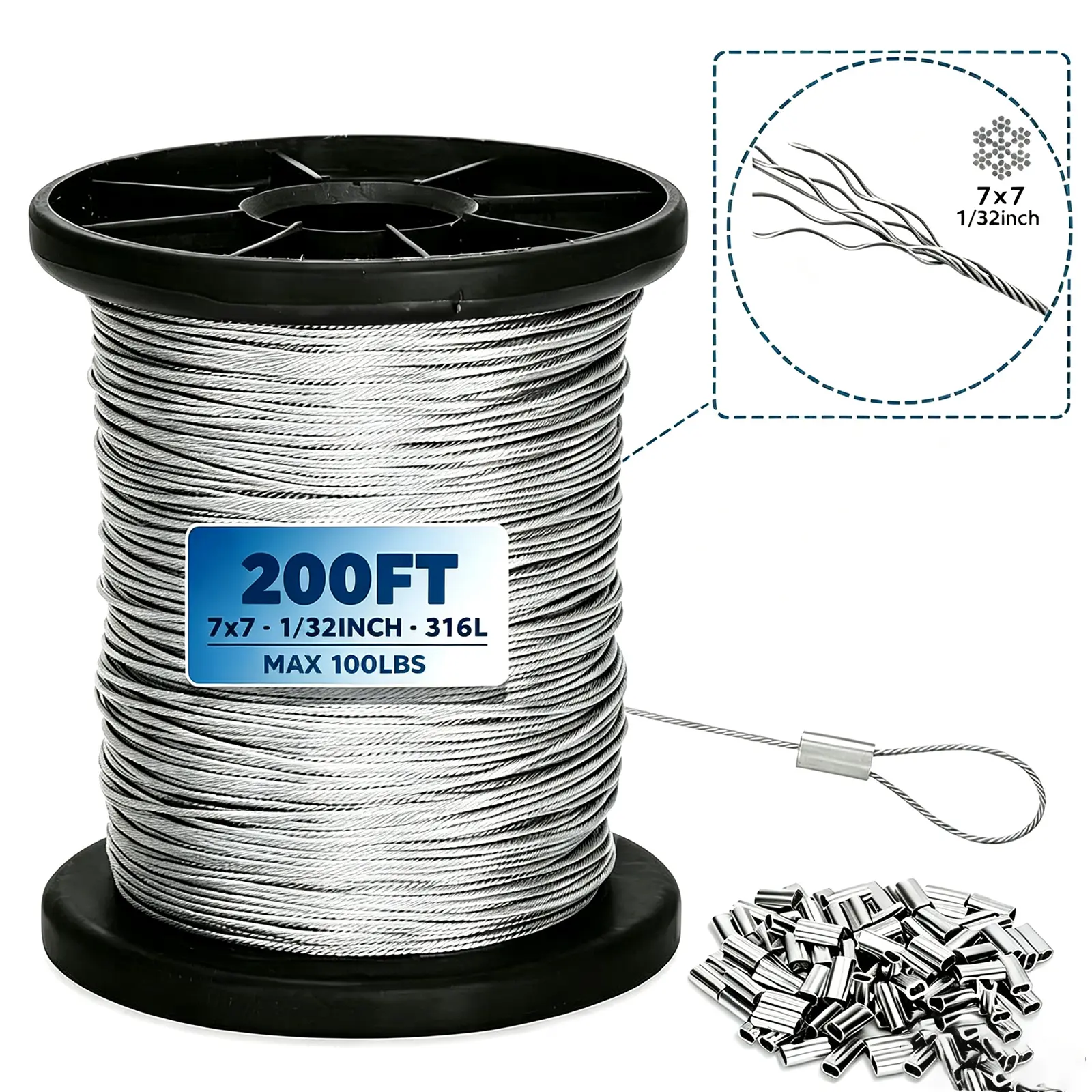 200ft Stainless Steel Wire Spool+50 Aluminum Crimping Loop Sleeve, Picture Hanging Wire 0.8mm Up to 100lbs, Heavy Hanging Kit for Photo Frame Picture, Artwork, Mirror, String Light Hanging