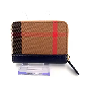 Pre-owned BURBERRY Canvas & Leather Wallet Vintage Check Zip Around Compact with Navy Leather Trim Classic Style & Functionality