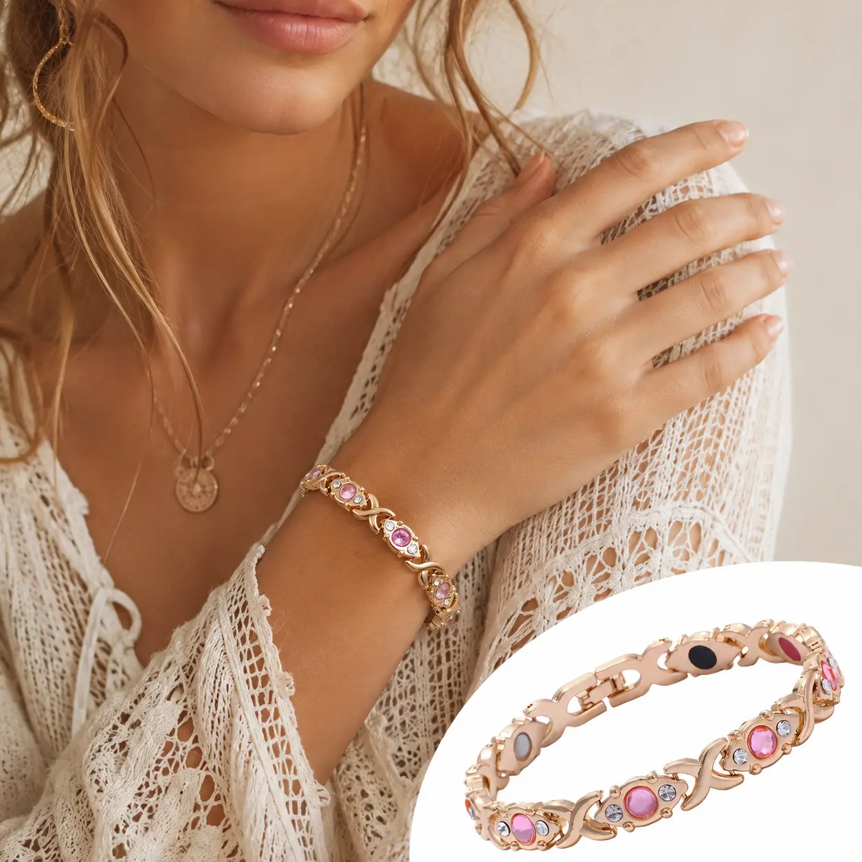 Gold Tone Magnetic Bracelet for Women, Crystal Beaded Bracelet with Colorful Stones, Elegant Fashion Jewelry Gift for Her