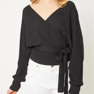 Black Wrap Style Long Sleeve Sweater with Tie Front Knitwear Polyester Womenswear Women Tops Longsleeves