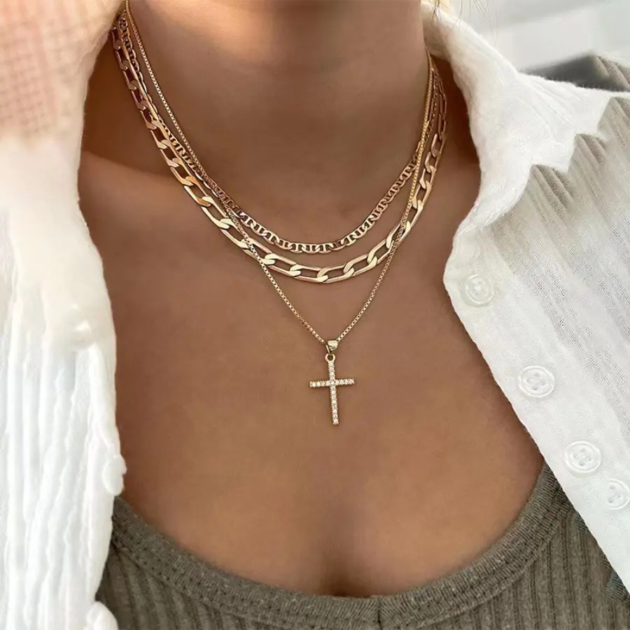 Gold Statement Layered Necklace for Women with Cross Pendant & Cuban Link Chain, Fashion Jewelry Gift, Cuban Necklaces, Gold Statement Chain, Gold Jewelry