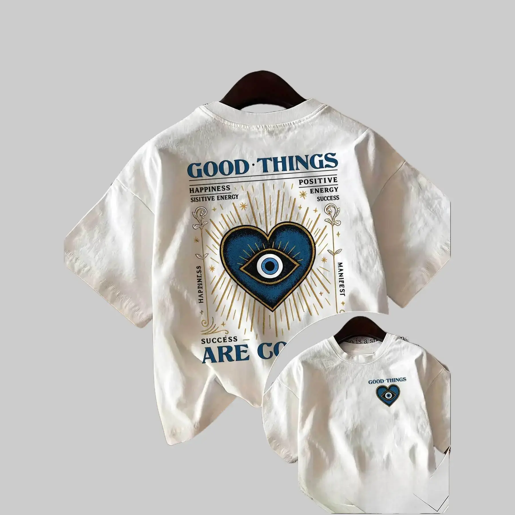 Double-sided Printed Spring/summer Casual Women's Top, Retro Style, Evil Eye, Heart, GOOD THINGS HAPPINESS Printed Round-neck Short-sleeved T-shirt Loose Breathable